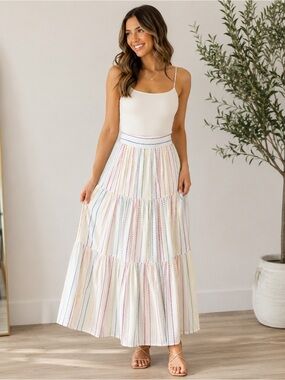 NWT-The Kemist Rainbow Striped Tiered Maxi Skirt UK 12 / US 8